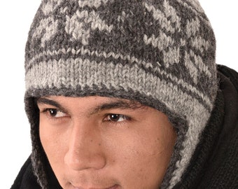 Hand Knitted Merino Wool Earflap Hat: Polar Fleece Lined Sherpa Cap