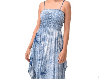 Indigo Tie Dye Gesmoktes Sommerkleid: Viskose Hippie Kleid