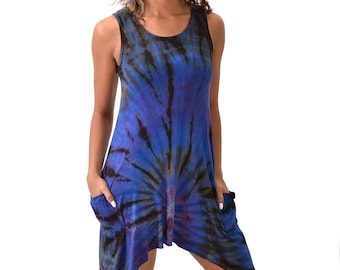 Tie Dye Viskose Sommerkleid: Boho Taschenkleid, Festival Stil