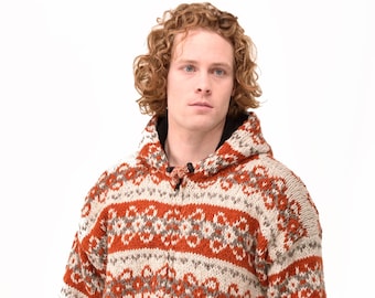 Hand Knitted Merino Wool Nordic Cardigan: Polar Fleece Lined Hoodie