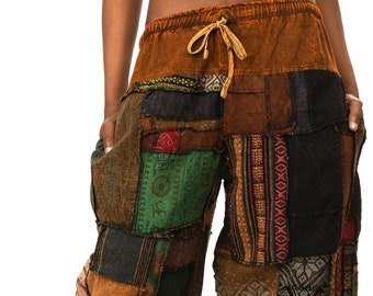 Pantalones bombachos de algodón con retazos: estilo boho hippie con bolsillos.