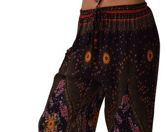 Pantalones Harem con Estampado de Pavo Real: Pantalones de Rayón Estilo Aladdin Boho para Festival