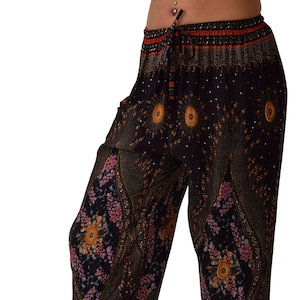 Pants Peacock Designer fit Printed Yoga Harem Aladdin Boho Rayon Hippie Festival Pants with Elastic Waistband and custom fabric Drawstring