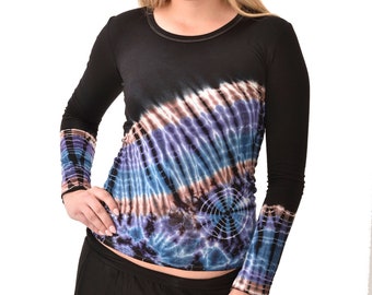 Hand Painted Tie Dye Long Sleeve Top: Rayon Spandex Blend