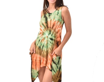 Tie Dye Rayon Sundress: Bohemian Pocket Dress, Fairy Hem