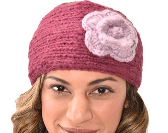 Hand Knitted 100% Merino Wool Snowboard Ski Headband Head warmer Earmuffs Polar Fleece lined Nepalese Crochet Flower Head-warmer Hat