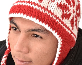Hand Knitted Merino Wool Chullo Hat: Polar Fleece Lined Sherpa Cap