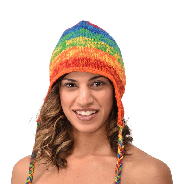 Tricoté à la main, 100 % laine mérinos, cache-oreilles de snowboard, ski, bonnet pérou Chullo, snowboard népalais, doublure en polaire, bonnet de laine, chapeau sherpa