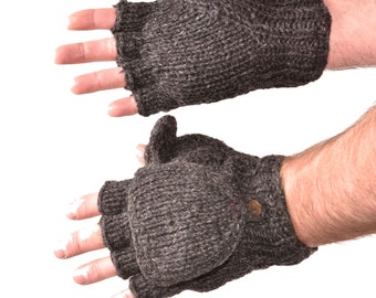 Hand Knitted Cable 100% Merino Wool Flip Top Snowboard Finger less Ski Fleece Lined Fingerless Mittens Convertible Texting Gloves-Charcoal