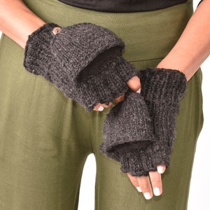 Hand Knitted Cable 100% Merino Wool Flip Top Snowboard Finger less Ski Fleece Lined Fingerless Mittens Convertible Texting Gloves Charcoal image 1