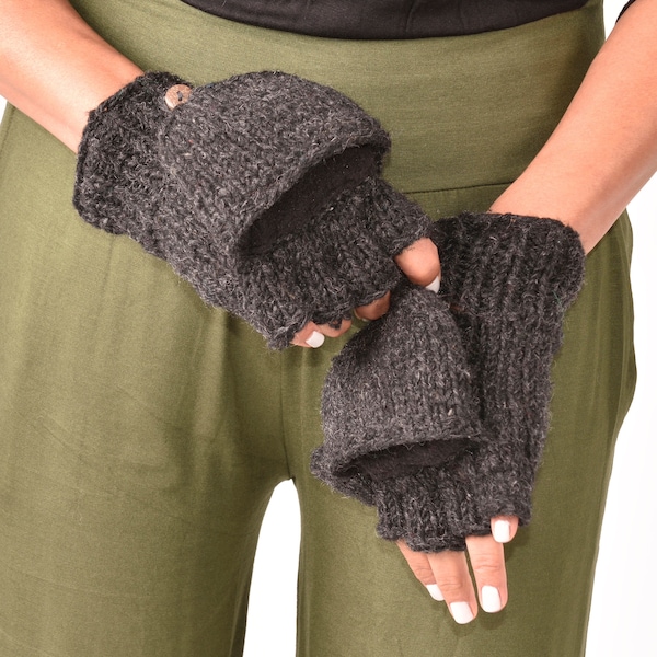 Hand Knitted Cable 100% Merino Wool Flip Top Snowboard Finger less Ski Fleece Lined Fingerless Mittens Convertible Texting Gloves Charcoal