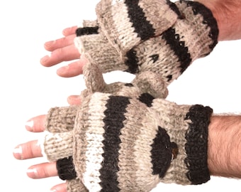 Hand Knitted 100% Merino Wool Flip Top Snowboard Finger less Ski Polar Fleece Lined Fingerless Nepalese Mittens Convertible Texting Gloves