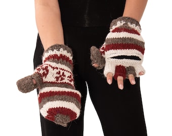May include: A pair of fingerless gloves with a striped pattern in brown, white, and red. The gloves are made of knitted wool.