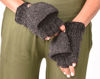 Hand Knitted Cable 100% Merino Wool Flip Top Snowboard Finger less Ski Fleece Lined Fingerless Mittens Convertible Texting Gloves Charcoal