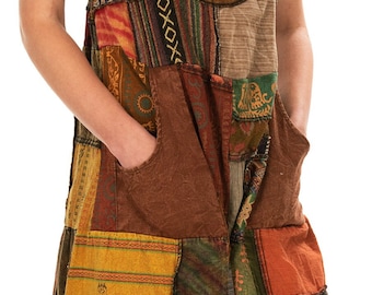 Patchwork Cotton Overalls: Wide Leg Hippie Jumpsuit with Pockets