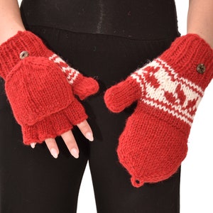 Hand Knit Merino Wool Convertible Mittens: Polar Fleece Lined Glittens