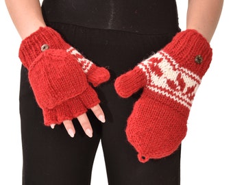Hand Knit Wool Convertible Mittens: Polar Fleece Lined Glittens