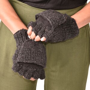 Hand Knitted Cable 100% Merino Wool Flip Top Snowboard Finger less Ski Fleece Lined Fingerless Mittens Convertible Texting Gloves Charcoal image 6