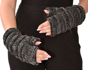 Hand Knit 100% Merino Wool Fingerless Gloves Texting Mittens Convertible Gloves Polar Fleece lined Finger-less Women's Winter Texting Gloves