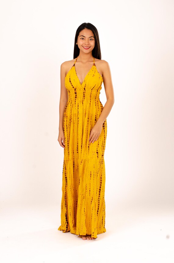 Hand-Painted Tie-Dye Rayon Dress: Yellow Shimmer V-Neck Maxi Long Dress