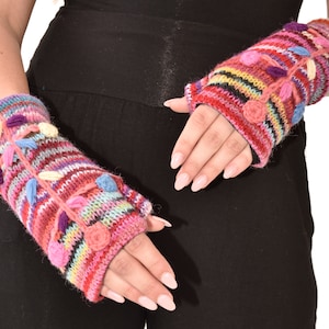 Hand Knit Merino Wool Fingerless Gloves: Embroidered Fleece Lined Mittens Pink Multi
