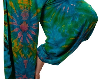 May include: A pair of blue, green, and yellow tie-dye pants with a wide leg and a loose fit.