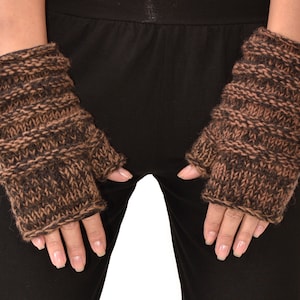Hand Knit Merino Wool Fingerless Gloves: Polar Fleece Lined Texting Mittens Brown Tone