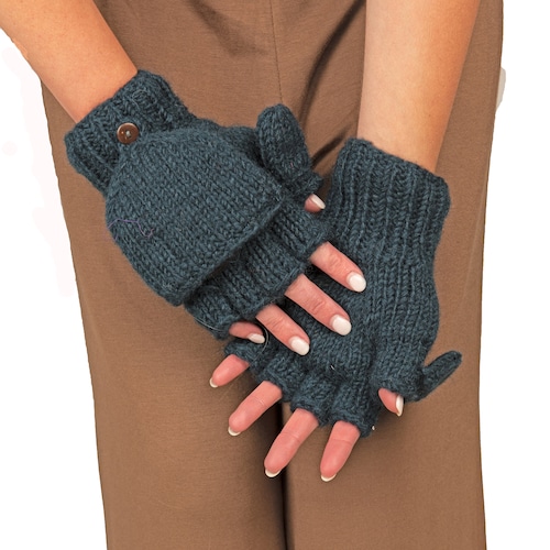 Hand-knit Wool Convertible Fingerless Gloves: Fleece Lined