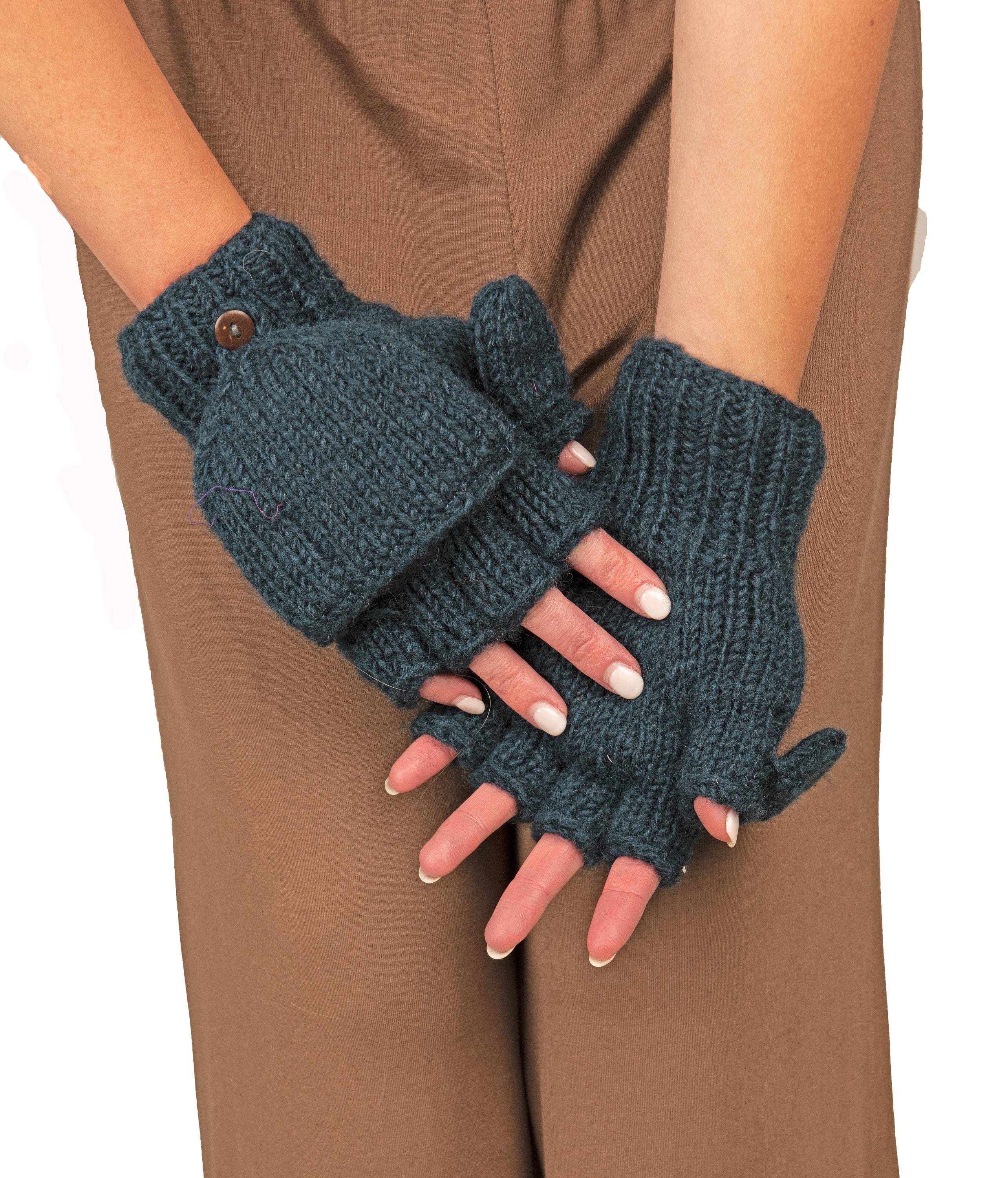 Hand-knit Wool Convertible Fingerless Gloves: Fleece Lined