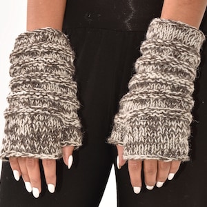 Hand Knit Merino Wool Fingerless Gloves: Polar Fleece Lined Texting Mittens Grey Tone