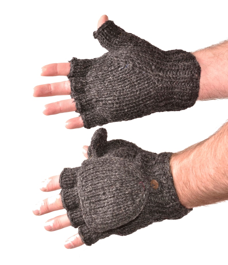 Handgestricktes Zopfmuster aus 100 % Merinowolle, Flip-Top, Snowboard, fingerlos, Ski, mit Fleece gefüttert, fingerlose Fäustlinge, umwandelbare SMS-Handschuhe Anthrazit Bild 1