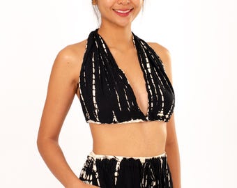 Ręcznie malowana góra bikini z wiskozy tie-dye – regulowana góra w stylu boho festival