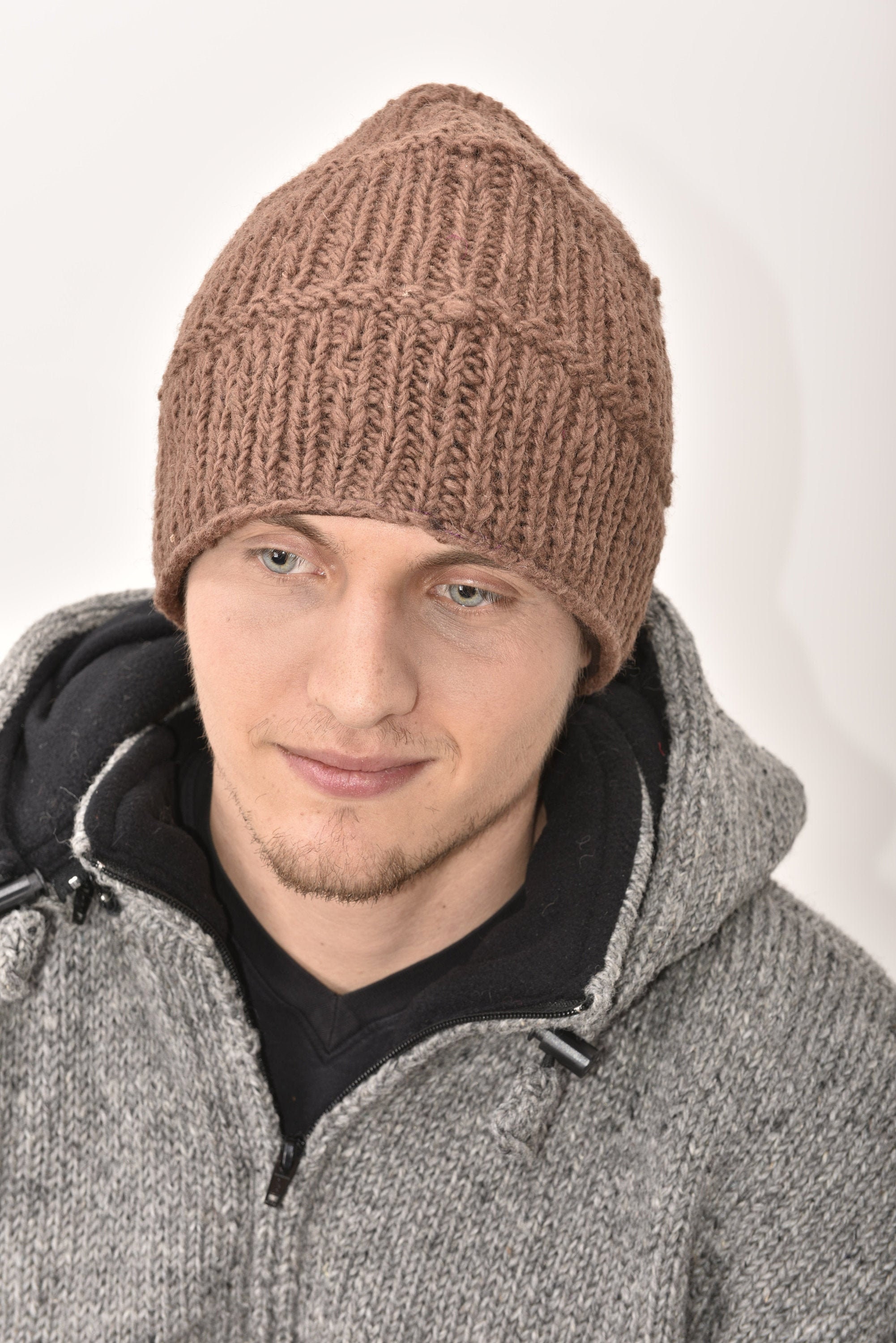 Hand Knitted 100/% Merino Wool Snowboard Ski Himalayan Slouchy Beanie Polar Fleece Lined Woolen Stocking Cap Womens Winter Hat-Grey Black