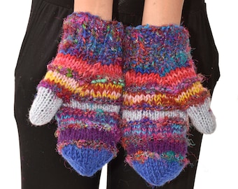 Hand Knitted 100% Merino Wool Snowboard Ski Polar Fleece Lined Nepalese Himalayan Women's Winter Woolen Mittens