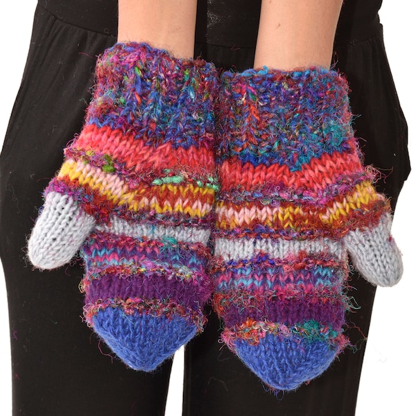 Hand Knitted 100% Merino Wool Snowboard Ski Polar Fleece Lined Nepalese Himalayan Women's Winter Woolen Mittens