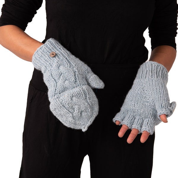 Hand Knitted Cable 100% Merino Wool Flip Top Snowboard Finger less Ski Fleece Lined Fingerless Mittens Convertible Texting Gloves-Blu