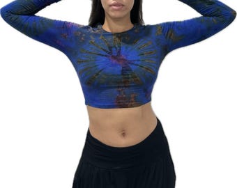 Hand-Painted Tie Dye Crop Top: Long Sleeve Rayon Blend Hippie Blouse