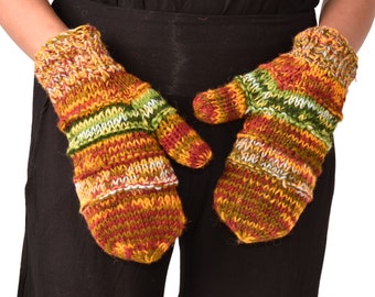 May include: A pair of colorful knitted mittens with a striped pattern in shades of orange, yellow, green, and brown.