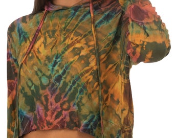 Hand-Painted Tie-Dye Crop Hoodie: Rayon Spandex Blend