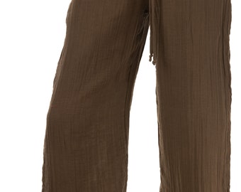 Pantalones de gasa de algodón de pierna ancha: color verde liso, bolsillos, talla única (para tallas 2-6).