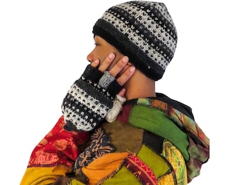 Hand Knitted Merino Wool beanie-black and gray striped winter hat