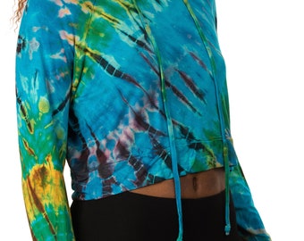 Tie Dye Crop Hoodie: Hand-Painted Rayon Spandex Blend