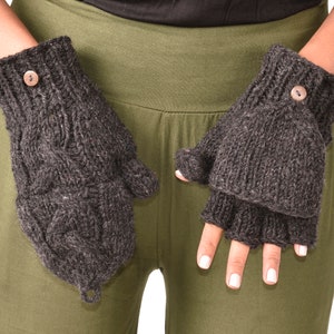 Hand Knitted Cable 100% Merino Wool Flip Top Snowboard Finger less Ski Fleece Lined Fingerless Mittens Convertible Texting Gloves Charcoal image 5