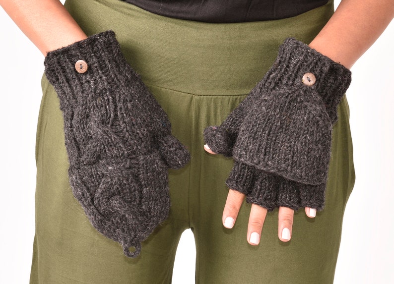 Hand Knitted Cable 100% Merino Wool Flip Top Snowboard Finger less Ski Fleece Lined Fingerless Mittens Convertible Texting Gloves Charcoal image 5