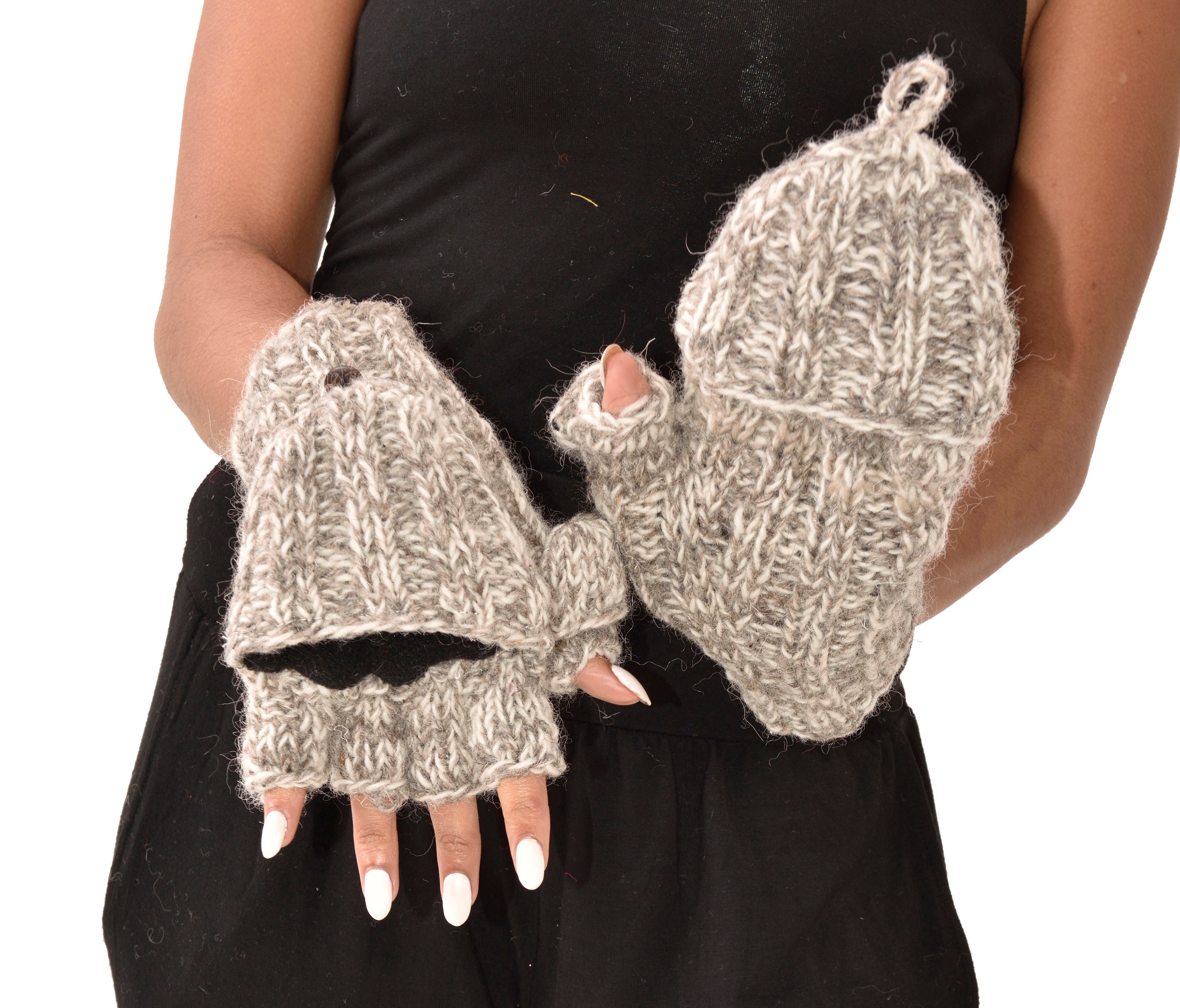 Hand Knit Wool Convertible Mittens: Polar Fleece Lined Glittens