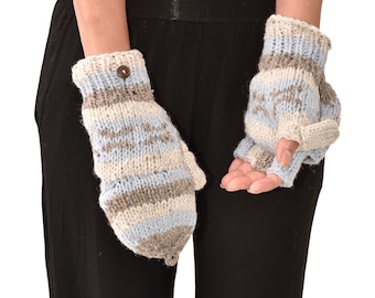 May include: A pair of fingerless gloves with a striped pattern in shades of blue and brown. The gloves are knitted and have a button on the cuff.