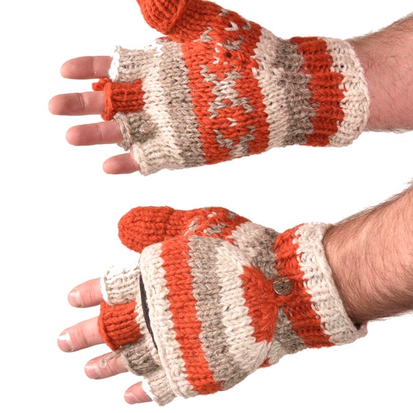 Hand Knitted 100% Merino Wool Flip Top Snowboard Finger less Ski Polar Fleece Lined Fingerless Nepalese Mittens Convertible Texting Gloves