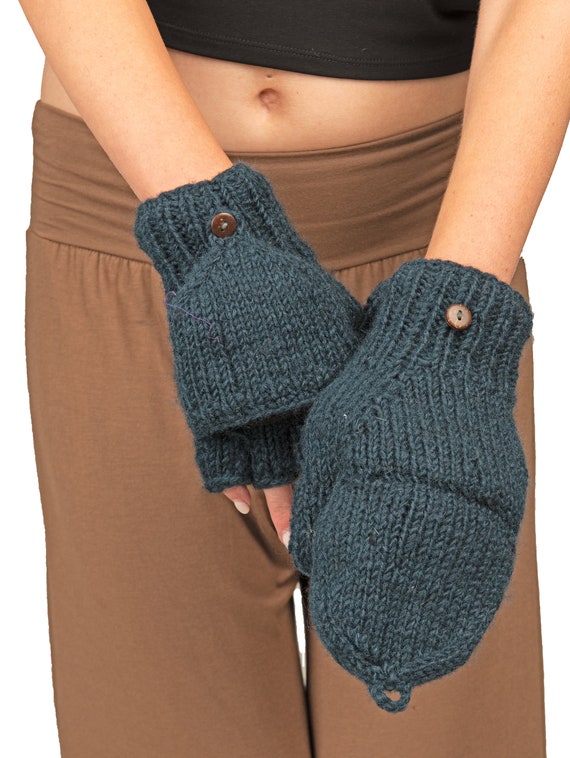 Hand-knit Wool Convertible Fingerless Gloves: Fleece Lined