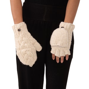 Hand Knitted Cable 100% Merino Wool Flip Top Snowboard Finger less Ski Fleece Lined Fingerless Mittens Convertible Texting Gloves