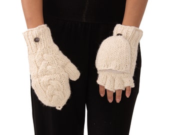 Hand Knitted Cable 100% Merino Wool Flip Top Snowboard Finger less Ski Fleece Lined Fingerless Mittens Convertible Texting Gloves